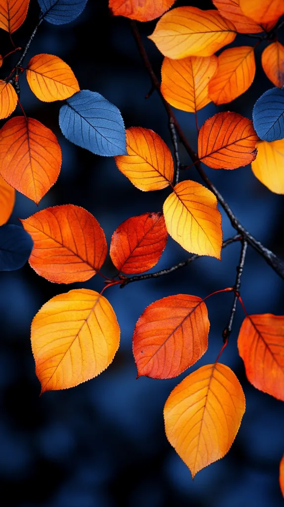 A close-up shot of vibrant orange and red leaves against a deep blue background. The leaves are arranged in a cascading pattern, showcasing their intricate veins and textures. The contrasting colors and dramatic lighting create a captivating visual experience.
