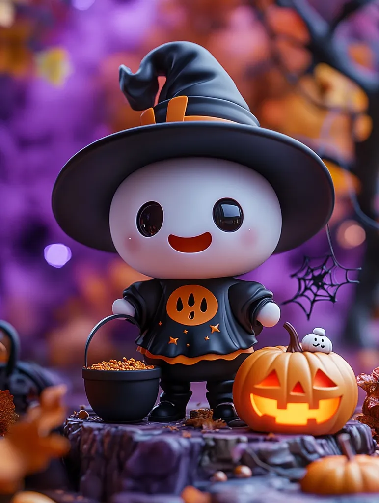A cute, round, white character wearing a black witch hat and costume stands holding a cauldron of candy. It is smiling and looking at the camera. Next to the character is a jack-o'-lantern with a glowing face and a small ghost sitting on top. The scene is set in a Halloween-themed backdrop with purple and orange tones.