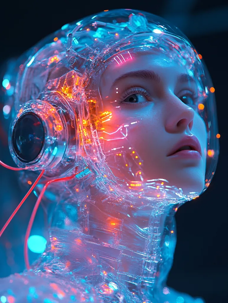 A person's face is partially obscured by a transparent helmet-like structure. The helmet is illuminated from within by a network of red and blue lights, creating an ethereal glow. The person's eyes are open and looking up, with a hint of wonder or curiosity. The image evokes a sense of futuristic technology and the potential for human enhancement.