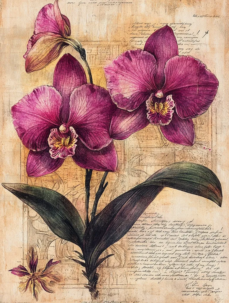 The image is a vintage botanical illustration of an orchid flower. The orchid has three large, vibrant pink petals with a yellow center. The flower is set against a background of faded, handwritten text and a sketch of the plant's stem and leaves. The image is a beautiful example of scientific illustration and captures the delicate beauty of the orchid flower.