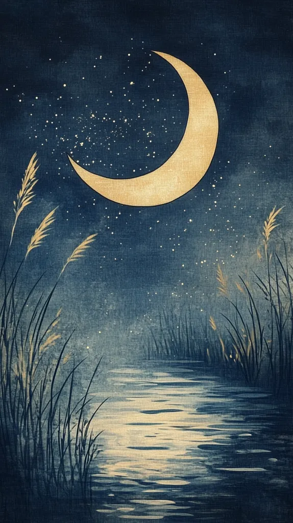 The image depicts a serene night scene with a crescent moon shining brightly in a dark blue sky filled with twinkling stars. Tall blades of grass grow along the edge of a still, reflective body of water. The scene is painted in a minimalist style with soft, muted colors that evoke a sense of peace and tranquility.
