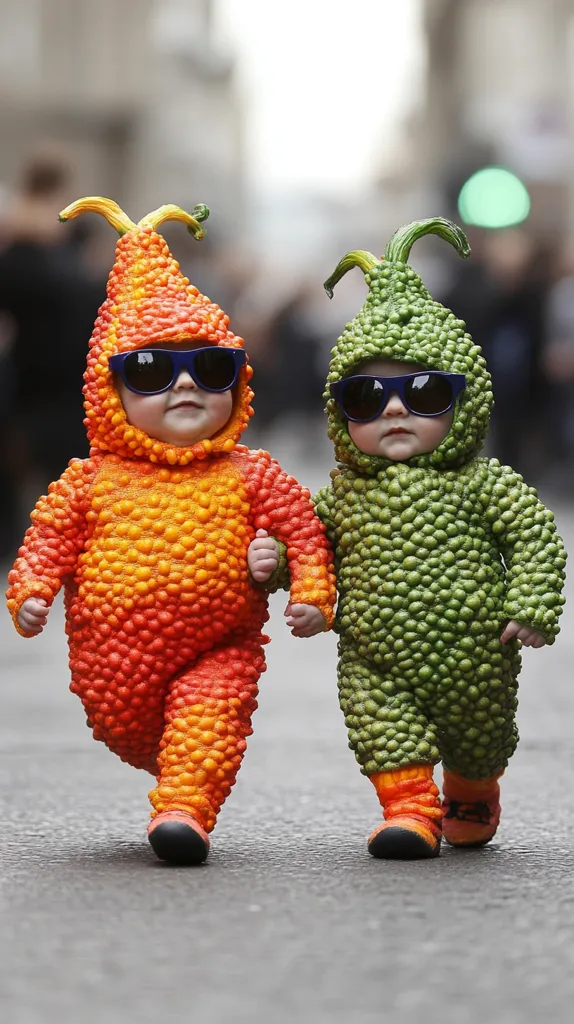 Two babies are dressed in unique costumes that resemble a gourd. Both are wearing sunglasses and looking forward. The baby on the left is wearing an orange gourd costume, while the baby on the right is wearing a green gourd costume.  The babies are walking on a paved street with a blurred background.  The image is playful and evokes a sense of childhood innocence and creativity.