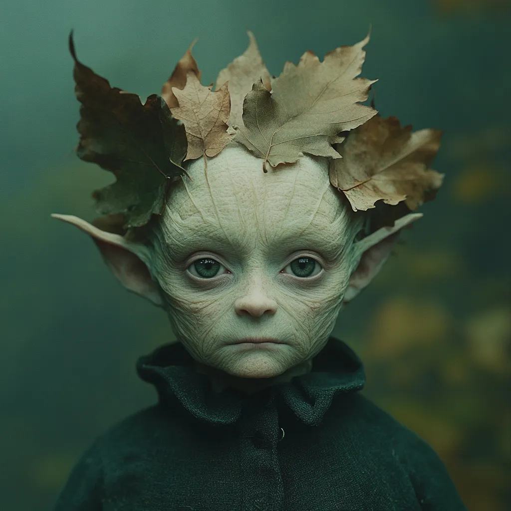 The image depicts a creature with pointed ears, pale skin, and large, dark eyes, resembling a fairy or elf.  It is wearing a dark, hooded garment and its head is adorned with a crown of brown leaves, suggesting a connection to nature. The creature's expression is serious and thoughtful, with a hint of sadness in its eyes.  The background is a soft, out-of-focus green, emphasizing the subject's ethereal presence.