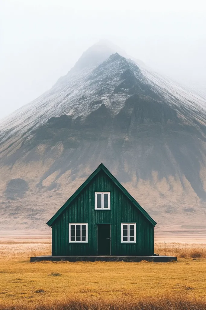 A small, dark green wooden house stands alone in a field of dry grass, with a large, imposing mountain in the background. The mountain is partly covered in snow, and the sky is a pale, cloudy gray. The house has a single door and three windows with white frames. The image has a sense of solitude and isolation.