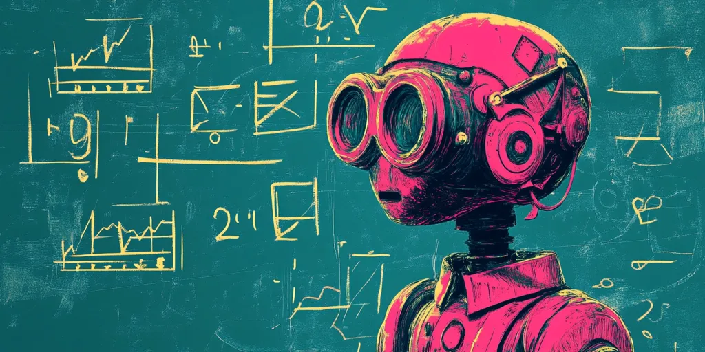 The image is a digital illustration of a robot with large, round goggles and a pink head against a teal background.  There are various geometric shapes and symbols drawn in yellow on the background, suggesting that the robot is in a classroom or learning environment. The robot's expression is neutral and thoughtful, giving the impression of a curious student.