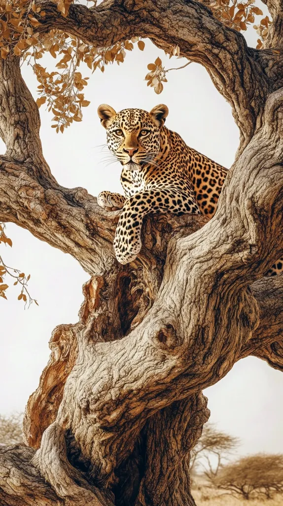 A leopard sits perched on a thick, gnarled branch of a tree. The leopard's spotted fur contrasts with the rough, brown bark of the tree. The leopard gazes intently at the viewer, its sharp eyes piercing through the camera lens. The background is blurred, suggesting a natural setting. The image captures the leopard's strength, beauty, and wildness, emphasizing its natural habitat.