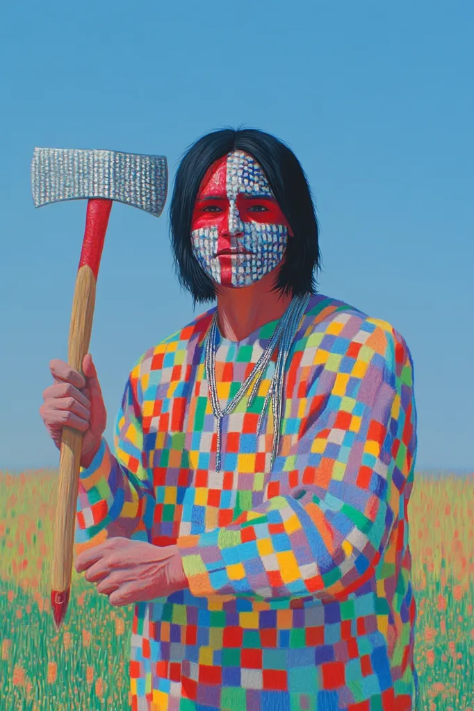 A person with long black hair and a colorful checkered shirt stands in a field of flowers. They have a red and white face paint pattern, and hold a large axe with a red handle. The sky is a clear blue.