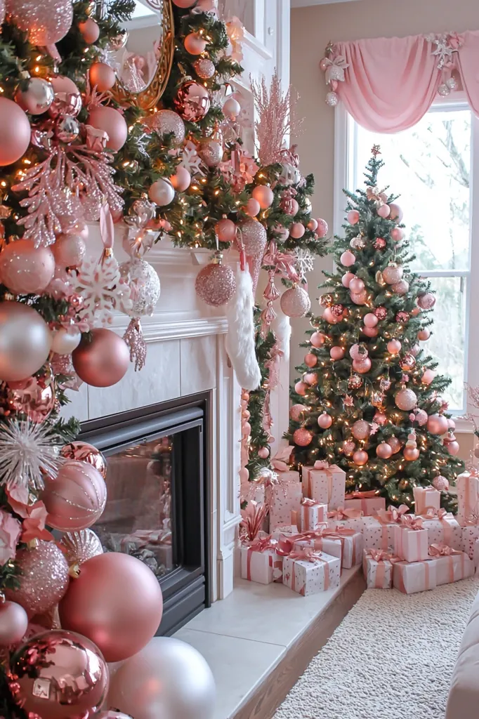 A beautifully decorated Christmas fireplace with a garland of pink and white ornaments and a large, fluffy white stocking. A similarly decorated tree stands to the right, surrounded by wrapped gifts. The fireplace is set against a white wall, and a window with a pink valance looks out onto a snowy landscape. The room is warm and inviting, with a hint of traditional Christmas charm.