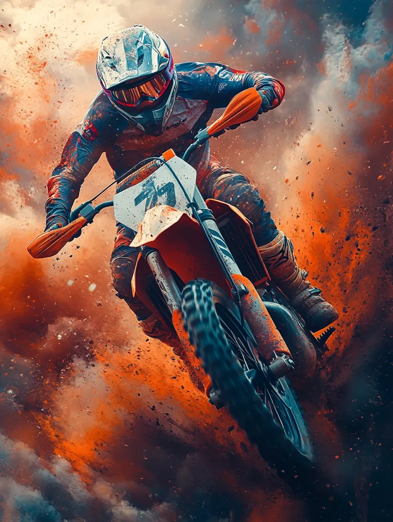 A motocross rider, clad in protective gear, speeds through a dirt track, kicking up a cloud of orange dust. The rider is leaning forward, focusing on the path ahead. The powerful orange dirt bike is suspended in mid-air, showcasing the rider's control and skill. The image captures the intensity and excitement of motocross racing.