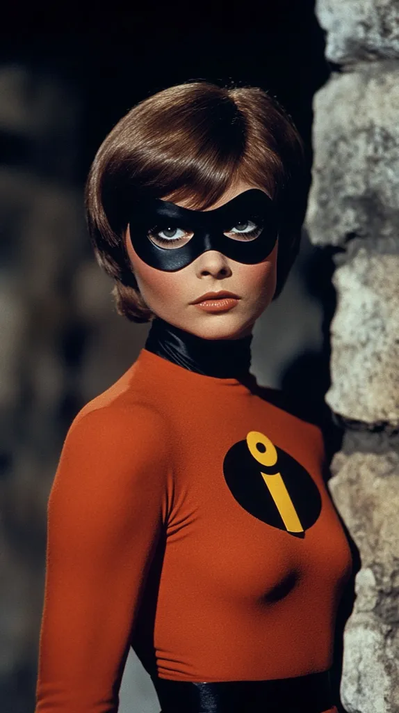 A woman with short brown hair and a black mask stands next to a stone wall. She is wearing a red shirt with a black "I" logo in the center. The woman's serious expression and superhero costume suggest a character from a film or television series.