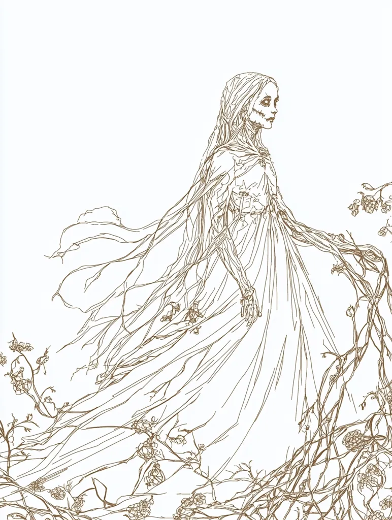 The image depicts a skeletal woman in a flowing gown, her long hair cascading down her back. She stands amidst a tangled web of branches and blossoms, suggesting a connection to nature and death. The intricate lines and delicate details create a haunting and ethereal atmosphere. The woman's skeletal features and the withered branches evoke a sense of decay, while the floral motifs add a touch of beauty and fragility. The image seems to explore themes of life, death, and the cycle of nature.