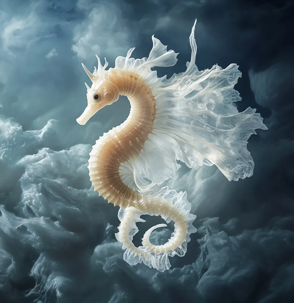 A white seahorse with a translucent, frilly fin is suspended in the air, seemingly floating on a bed of soft, white clouds. The seahorse's body is curved in a graceful S shape, its tail curled into a tight spiral. The background is a hazy, blue-grey sky, creating an ethereal and magical atmosphere. The image evokes a sense of wonder and the fantastical, blurring the lines between the real and the imaginary.