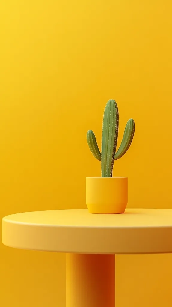 A single cactus in a yellow pot sits on a yellow table against a solid yellow background. The cactus is tall and slender with three arms. The image is a minimal, monochromatic design.  The smooth curves of the table contrast with the sharp lines of the cactus.  The yellow tones create a warm and inviting feeling.