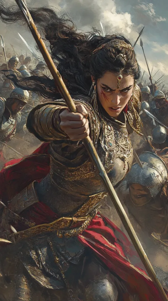 A fierce female warrior, clad in ornate armor and a flowing red cloak, holds a spear with a determined expression. Her dark hair whips behind her as she charges into battle, surrounded by a blur of soldiers and weapons. The scene is chaotic and dynamic, with smoke and dust filling the air. The warrior's eyes are focused on the enemy, her face a mask of intensity and unwavering resolve. The image evokes a sense of power and strength, capturing the essence of a fearless warrior in the heat of battle.