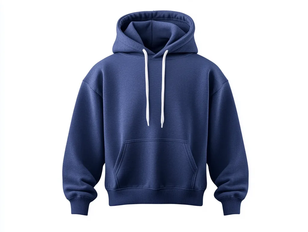 The image shows a plain blue hoodie with a white drawstring. The hoodie has a kangaroo pocket and ribbed cuffs and hem. The hoodie is isolated on a white background.