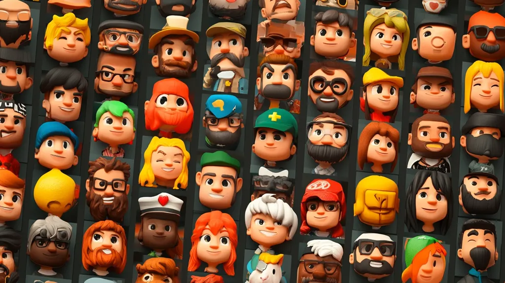 A grid of colorful cartoon avatars, each with unique facial expressions, hairstyles, and clothing. They are all looking at the viewer, creating a diverse and friendly atmosphere. The background is a dark grey, allowing the bright colors of the characters to stand out. The avatars represent a wide range of ages, genders, and ethnicities. The overall effect is cheerful and inviting.