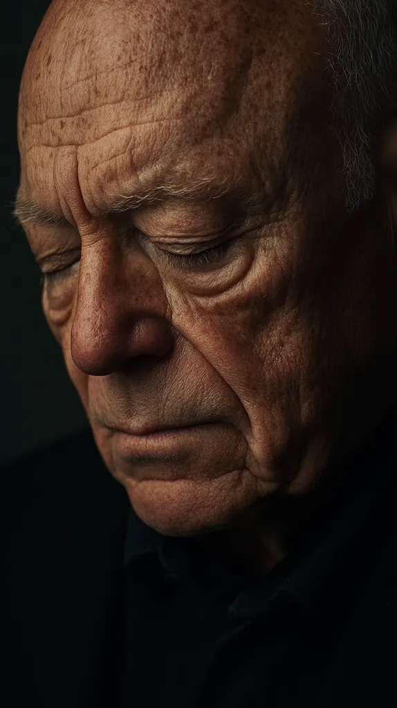 The image is a close-up portrait of an elderly man's face. He is looking down with his eyes closed, and his face is etched with the lines of a life well lived. The lighting is dim, casting shadows across his features, emphasizing the deep wrinkles and the texture of his skin. The image evokes a sense of contemplation and quiet reflection.