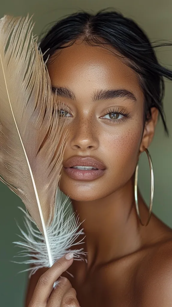 A close-up portrait of a woman with dark hair and brown skin. She is holding a large white feather in her hand, which is partially obscuring her face. She is wearing large gold hoop earrings and has freckles across her nose. Her eyes are looking directly at the camera with a soft, alluring expression. The background is a muted green.  The image is soft, natural, and beautiful.