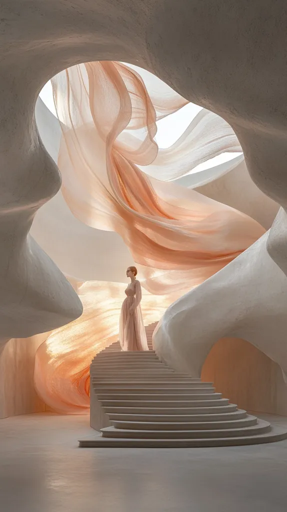 A woman in a flowing pink dress stands at the top of a white staircase. The staircase winds its way through an abstract, cave-like structure,  illuminated by a soft, peach-colored light emanating from the ceiling. The light bathes the entire space in a dreamy, ethereal glow. The walls are adorned with delicate folds of fabric, creating a whimsical and surreal atmosphere.