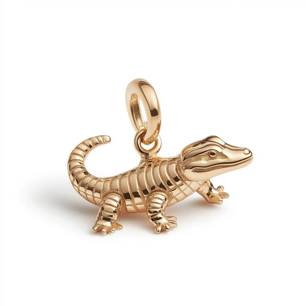 The image shows a gold charm in the shape of an alligator. The charm is detailed with raised scales and a textured body. It has a ring at the top for attaching to a bracelet or necklace. The alligator charm is positioned on a plain white background.