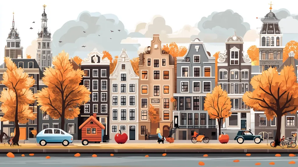 A picturesque street scene in a European city, featuring a row of colorful buildings with intricate details. Autumn foliage adorns the trees lining the street, adding a warm and inviting atmosphere. A blue car and a small red house on wheels add a touch of whimsy to the scene.  The buildings have multiple stories, each with unique architectural elements, and a tall, slender tower stands out at the beginning of the row.  A couple of people and bikes add a sense of everyday life to the scene. The overall impression is one of charming urban beauty and peaceful tranquility.