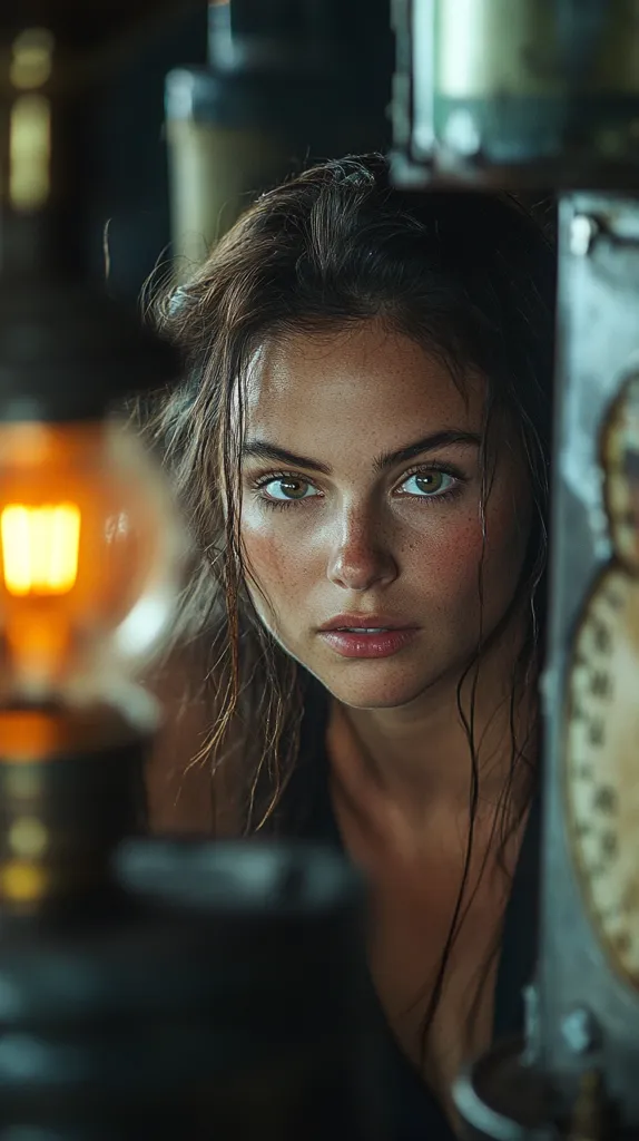 A young woman with long brown hair looks directly at the camera. Her expression is serious, her eyes are focused and her lips are slightly parted. She is framed by a blurry background of old, rustic objects, creating a sense of mystery and intrigue. The warm glow of a nearby light source illuminates her face, highlighting her features and adding a dramatic touch to the image.