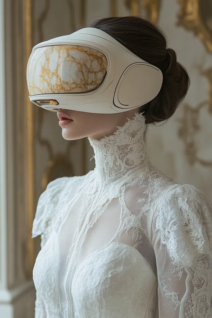 A woman in a white, lacy dress wears a futuristic, white and gold VR headset. The headset has a marbled pattern and is over the woman's eyes, obscuring her vision. The woman's hair is pulled back in a bun, and she stands against a light background. The image evokes a sense of mystery and wonder, as if the woman is about to enter a new and unknown virtual world.