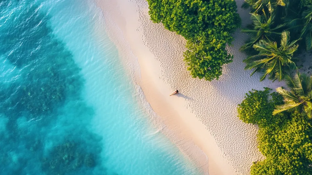 An aerial view of a pristine beach, with crystal-clear turquoise water lapping at the shore.  The white sand is bordered by lush green foliage, creating a stunning contrast of color. A lone figure is lying on the beach, enjoying the tranquility of the tropical paradise. The image captures the beauty and serenity of a secluded island getaway.