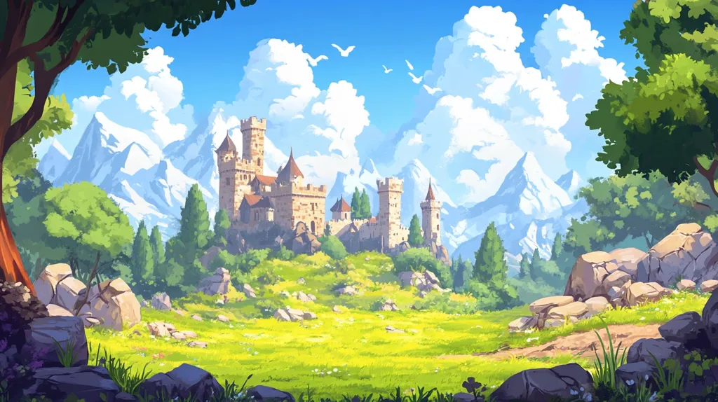 The image depicts a picturesque scene of a castle perched atop a hill, nestled against a backdrop of snow-capped mountains. Lush green trees and fields surround the castle, with fluffy white clouds drifting across a bright blue sky. The sun shines brightly, casting a warm glow on the idyllic landscape. Birds soar through the air, adding to the peaceful atmosphere. The scene is rendered in a vibrant, cartoonish style, creating a whimsical and enchanting ambiance.