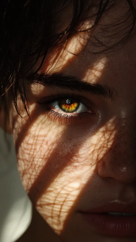 A close-up shot of a person's face, capturing the intricate details of their eye. The eye is highlighted by a bright light, while the rest of the face is bathed in a warm glow. The light creates a beautiful pattern of shadows and highlights on their skin, adding depth and dimension to the image. The person's expression is soft and serene, creating a sense of tranquility and intimacy. The image evokes feelings of mystery and wonder, as the person's gaze seems to draw the viewer in.