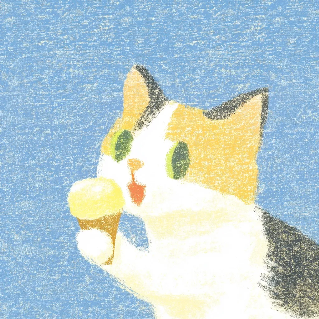 A cartoon cat with large green eyes holds a cone of yellow ice cream in its paws. The cat is drawn in a colorful, childlike style with a textured, grainy effect. It's looking up with a delighted expression, suggesting that it is enjoying its treat. The background is a simple blue sky, creating a cheerful and lighthearted scene.