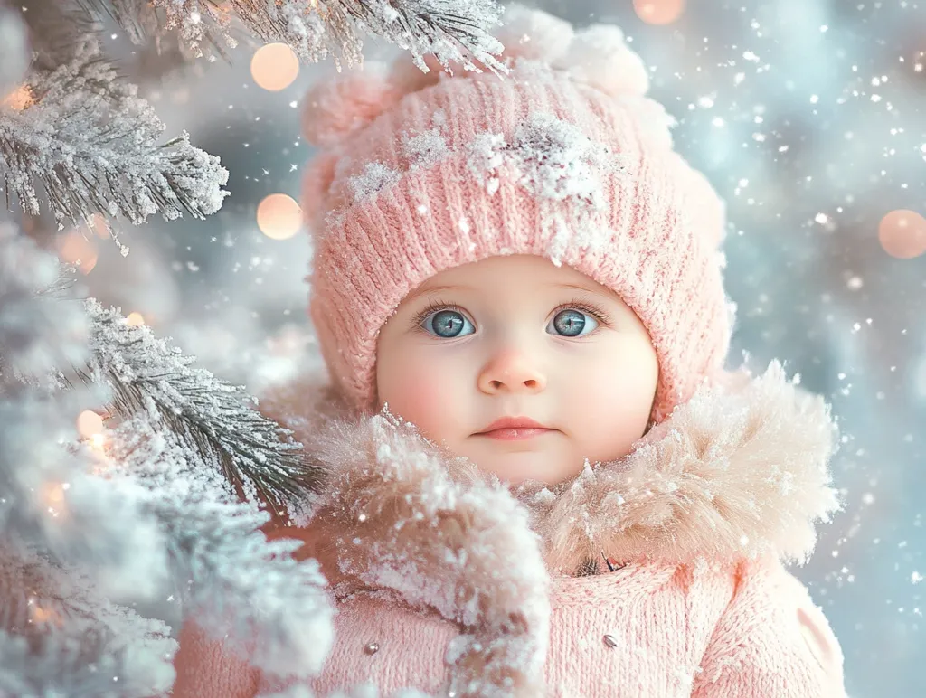 A baby girl with big blue eyes stares intently at the camera.  She is wearing a pink knitted hat and matching coat with a furry trim, and her face is dusted with snow.  A snow-covered pine branch frames her image.  The background is blurred with a soft, snowy bokeh.