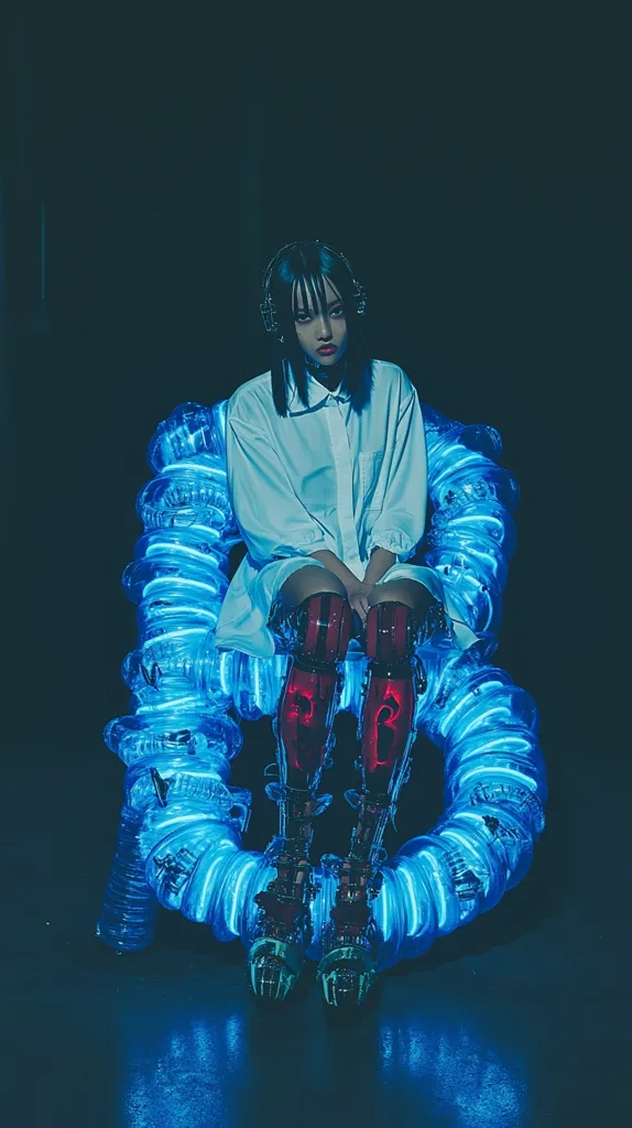 A young woman with dark hair sits in a futuristic chair made of glowing blue tubes. She is wearing a white shirt, black pants, and tall boots. She is looking directly at the camera, and there is a sense of mystery and intrigue in the image.  The dark background and the blue light make the image feel otherworldly and mysterious.