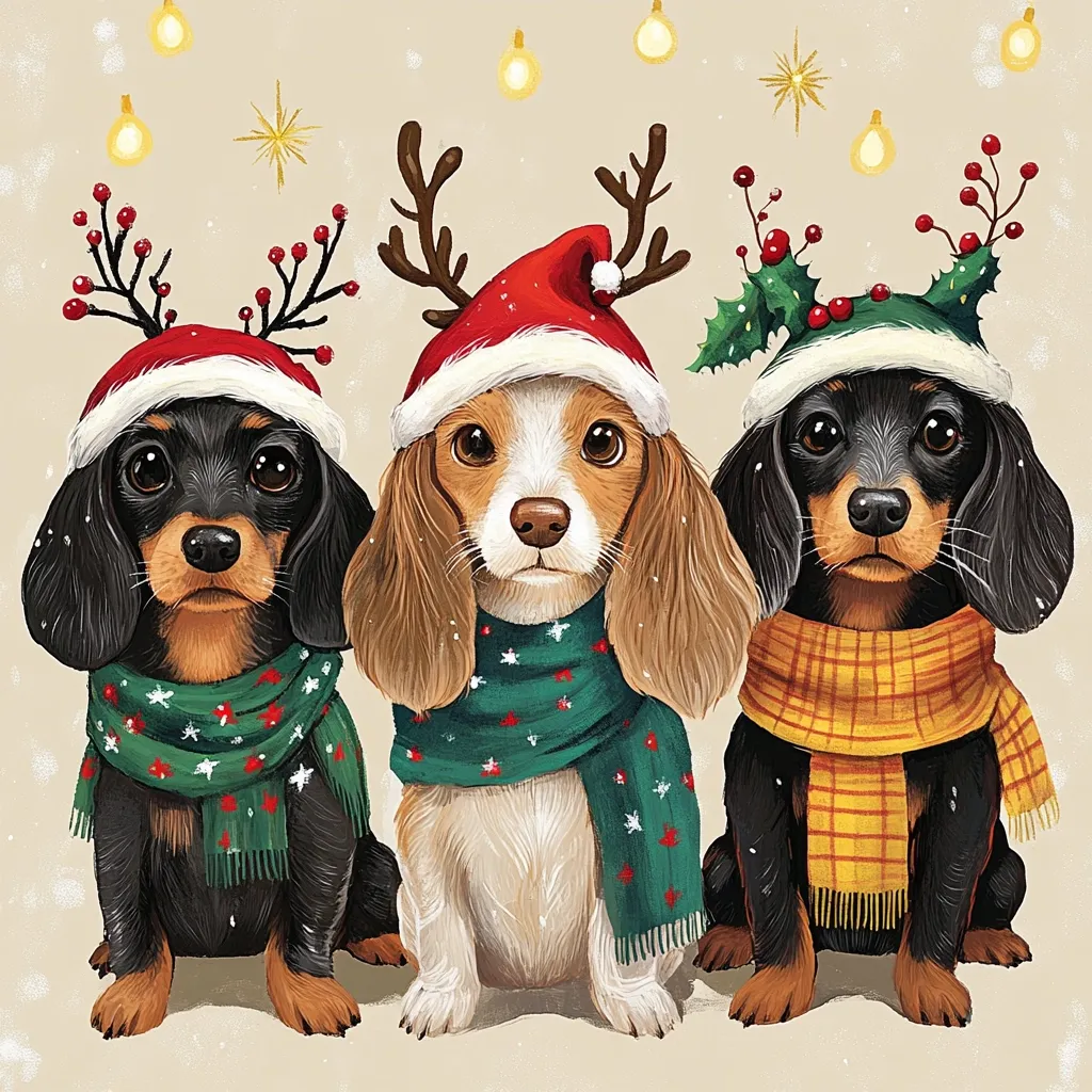 Three Dachshund dogs are dressed up for Christmas. One wears a red Santa hat with antlers, another wears a green holly hat and the last wears a green and red scarf. They are all sitting and looking at the camera. The background is beige with twinkling lights.