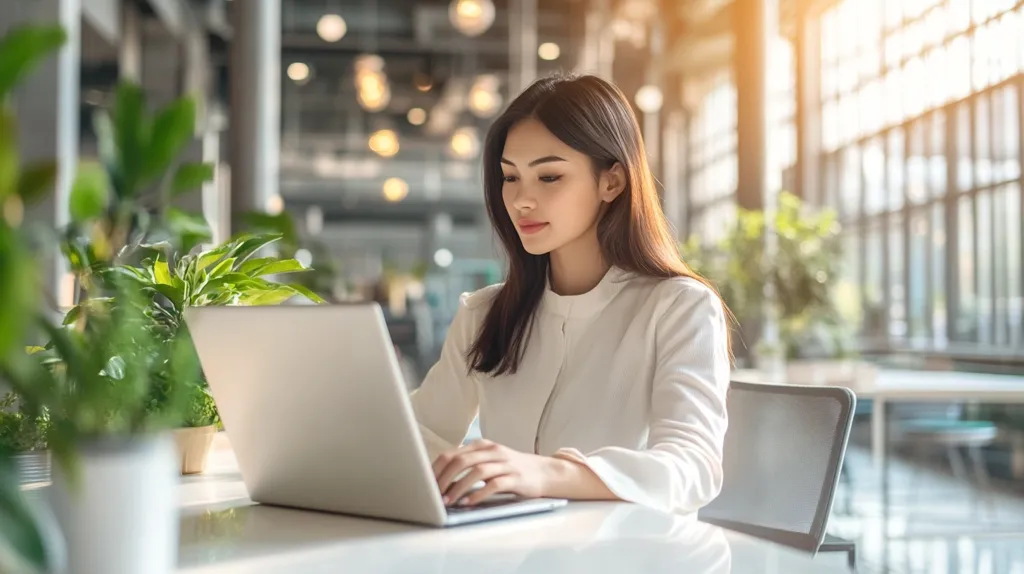 A young woman with long dark hair sits at a table in a bright office, using a laptop computer. She wears a white button-down shirt and is focused on her work. The table is surrounded by potted plants, adding a touch of nature to the space. The background features large windows and a blurred view of the office environment. Sunlight streams through the windows, illuminating the scene.