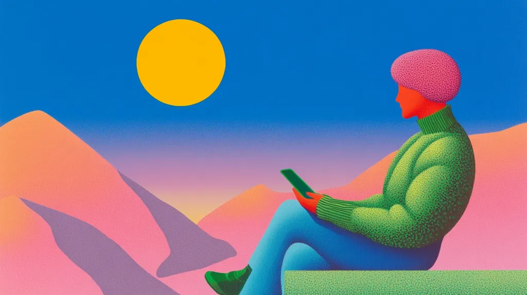 The image depicts a person with pink hair and a bright green sweater sitting on a grassy ledge overlooking a pink and purple mountain range. The sun is a bright yellow in the sky, and the person is looking down at a phone in their hand. The image is composed of vibrant colors and simplistic shapes. The person’s expression is hidden, leaving room for interpretation of their feelings.