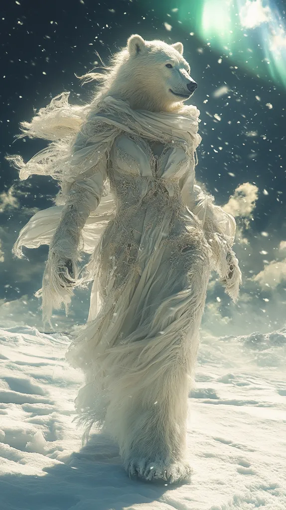 A polar bear wearing a white, flowing gown with intricate lace details walks across a snowy landscape.  The bear's fur blends seamlessly with the snow and ice, creating a surreal and ethereal image. The background features a cloudy sky with a hint of green light, adding to the magical atmosphere.  The bear appears to be walking confidently towards an unknown destination, its gaze focused on the horizon.
