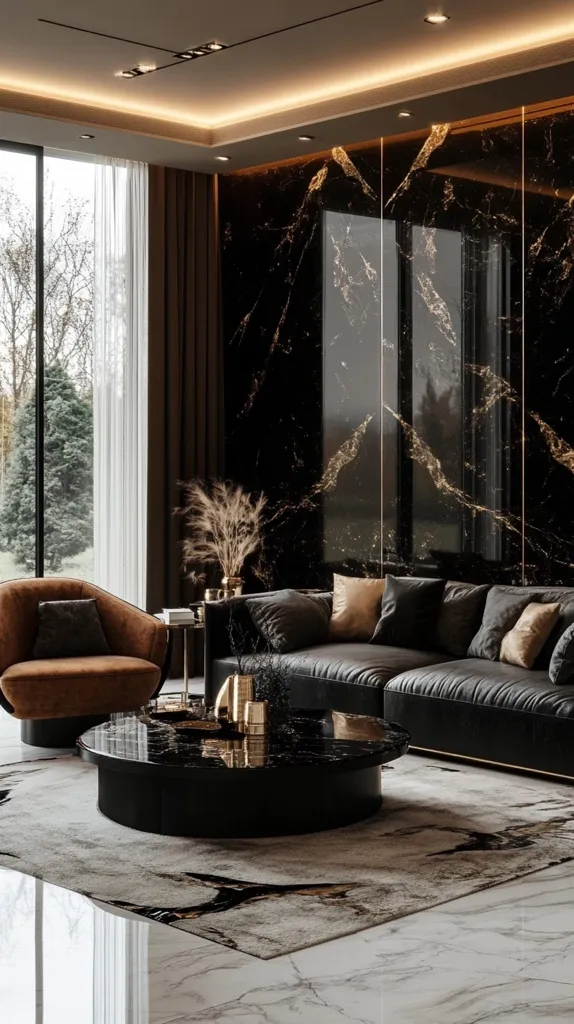 A modern living room with a luxurious black and gold aesthetic. A black leather sofa sits in front of a wall made of black marble with gold veins. A round coffee table with a black marble top and gold accents sits in the center of the room. A brown leather armchair is positioned to the left of the coffee table. The room is illuminated by recessed lighting and features a large window with white sheer curtains.  A textured rug with gold accents completes the sophisticated look.