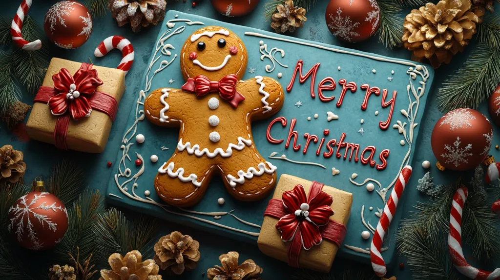 A festive Christmas scene with a gingerbread man cookie on a blue background surrounded by candy canes, pine branches, ornaments and presents.  The sign reads "Merry Christmas" with a red, white, and gold color scheme.  The scene captures the joy and warmth of the holiday season.  The cookies, ornaments, and presents are all intricately detailed and create a visually appealing image.