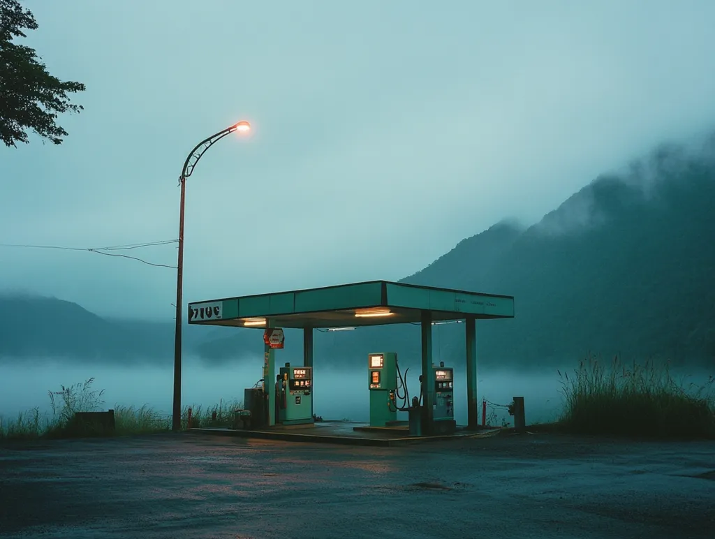 A lone gas station sits under a misty sky, illuminated by a solitary streetlight. The green canopy is juxtaposed against the foggy mountain backdrop, creating a sense of isolation and tranquility. The quiet atmosphere is punctuated by the gentle hum of the pumps.