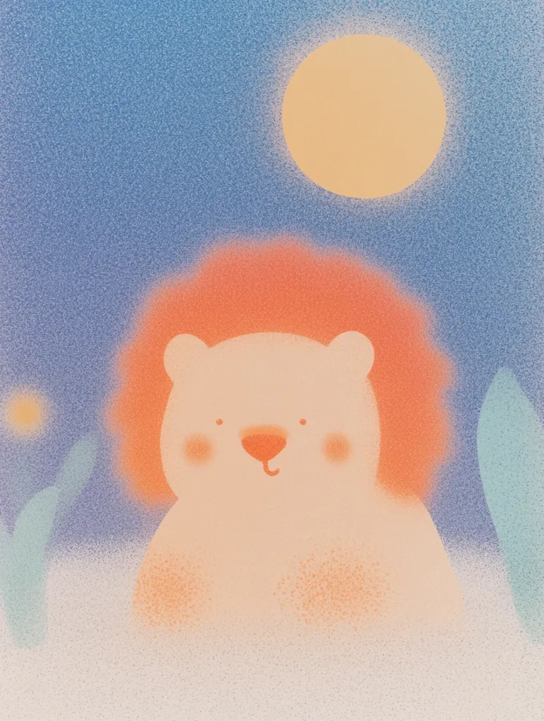 A cute cartoon lion with a white face and orange fur sits in front of a blue sky with a yellow sun. The image has a grainy, soft focus, like a watercolor painting. The lion is facing forward, with a small, happy smile. It has a small nose and large, round eyes. The background includes a couple of small green leaves.  The overall image is very cute and whimsical.