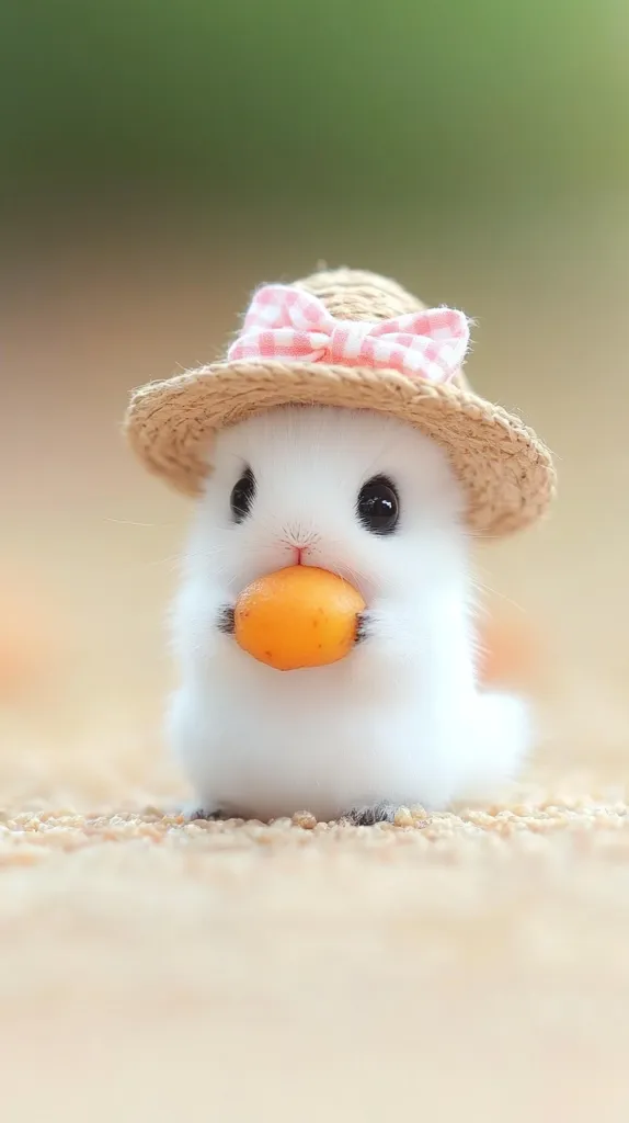A small white rabbit, wearing a straw hat with a pink gingham bow, sits on a sandy surface. It is holding a bright orange fruit in its paws and staring at the camera with its large, dark eyes. The rabbit's fur is fluffy and soft, and its expression is curious and innocent. The background is blurred, creating a soft, dreamy atmosphere.  The image is a whimsical and adorable depiction of a small, fluffy rabbit enjoying a sweet treat.