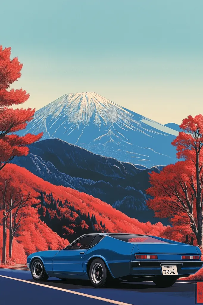 A blue vintage car drives down a road in the foreground. The road is flanked by red trees and a mountain range in the background. The tallest mountain is covered in snow and has a distinct peak. The sky is a clear blue. The image has a vintage aesthetic.