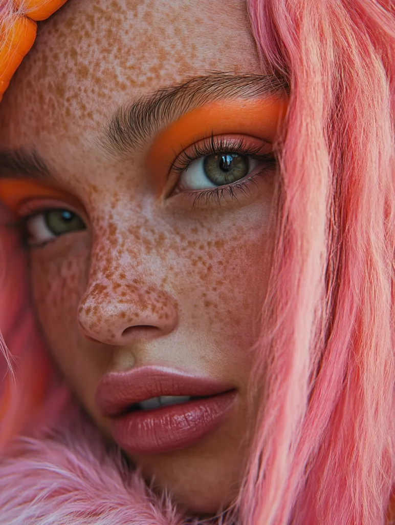 A close-up portrait of a woman with pink hair and freckles. Her eye makeup is dramatic with a bright orange shadow and thick black eyeliner. Her lips are painted a soft pink. The image is focused on her face and features, showcasing the natural beauty of her freckles and the vibrancy of her hair color.