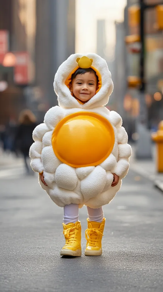 A young child is dressed in a creative costume for Halloween. They are dressed as a sunny-side-up egg, with a fluffy white yolk and a bright yellow yolk. They are wearing yellow boots and a bright smile, and they are standing in a city street.  The child is looking at the camera with a confident and happy expression. The costume is clever and imaginative, and it is a great example of how children can express themselves through Halloween costumes.
