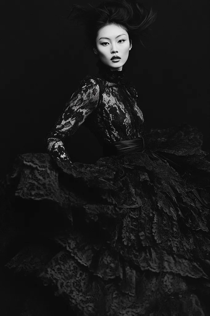 A woman with dark hair and a serious expression is dressed in a black, lacy gown. The dress is layered and flowing, and the image is shot in black and white, adding to the dramatic and mysterious feel.  The dark background and the woman's pose create a sense of drama and intrigue.