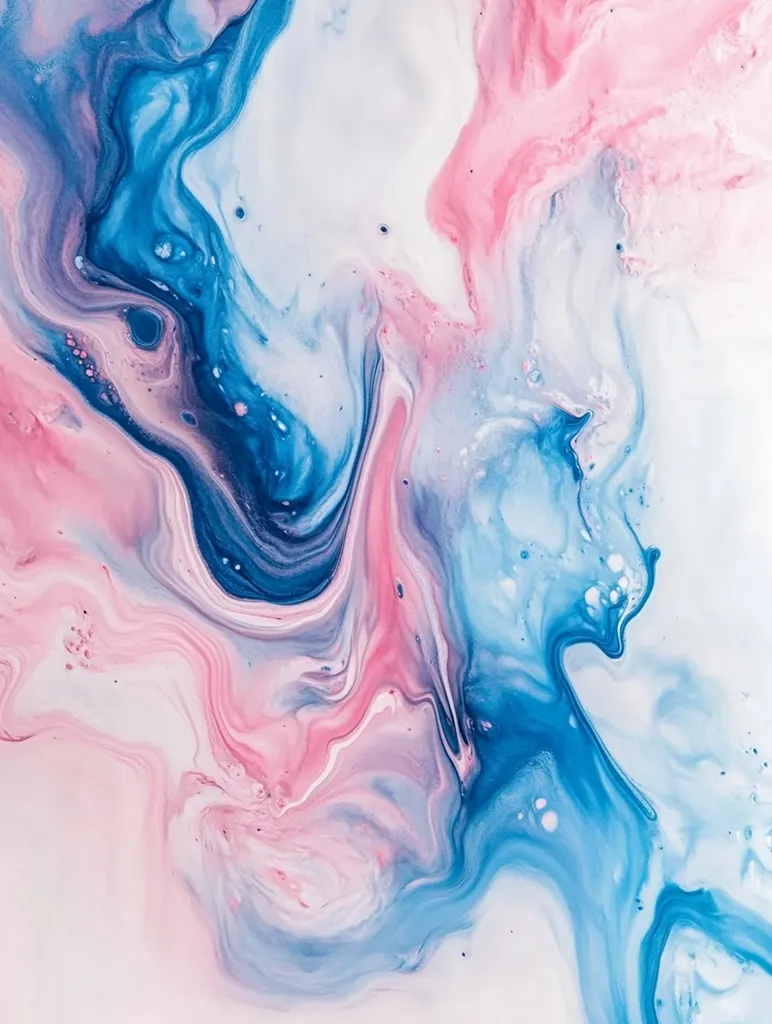 The image is an abstract painting with swirling patterns of pink and blue paint. The paint is blended together, creating a marbled effect. The colors are light and airy, giving the painting a dreamy and ethereal feel. The overall effect is one of fluidity and movement.