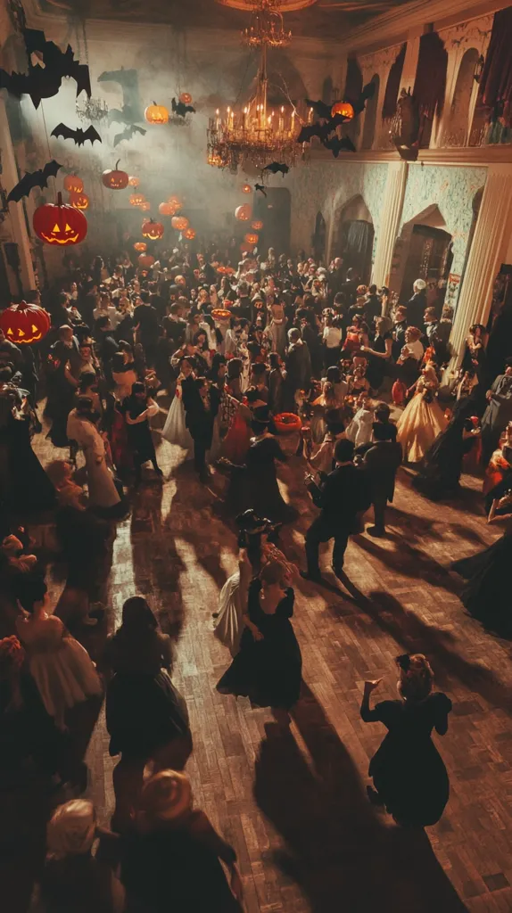 A large crowd of people dressed in formal attire dance at a Halloween-themed ball in an ornate ballroom.  The room is decorated with black bats and jack-o-lanterns.  A large chandelier hangs above the dance floor, casting a warm glow on the dancers.  The atmosphere is festive and joyous.