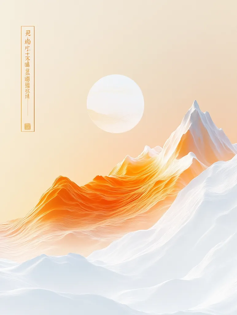 The image features a stylized mountain range with a large, white sun in the sky. The mountains are rendered in a smooth, almost liquid-like style, with flowing lines of orange and white. The background is a soft, peachy hue, creating a serene and ethereal atmosphere.