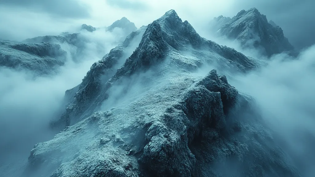 A breathtaking view of a snow-capped mountain range shrouded in dense fog. The peaks are partially obscured by the swirling clouds, creating a sense of mystery and awe. The icy landscape is bathed in a cool, ethereal light, emphasizing the dramatic beauty of the scene.